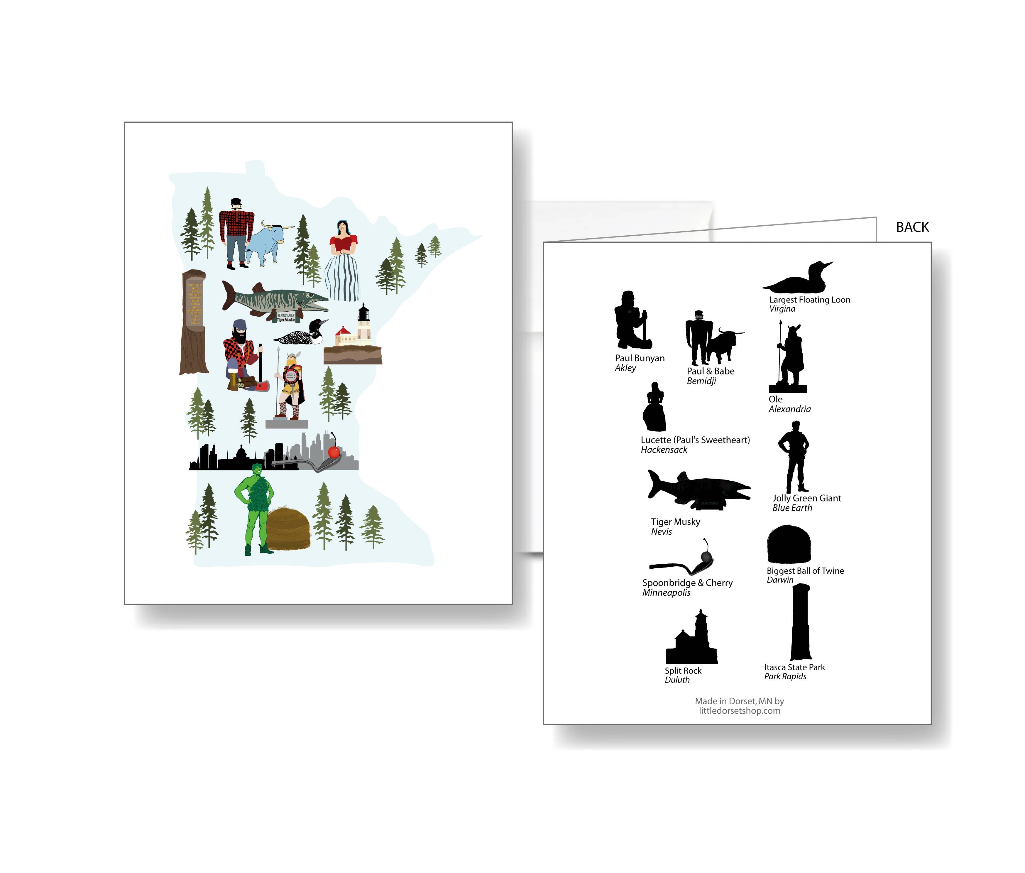 The Minnesota Landmark Card showcases an illustrated map highlighting the state's landmarks and wildlife, such as the iconic loon, the state bird. The reverse side of the card provides names and descriptions for each featured icon.