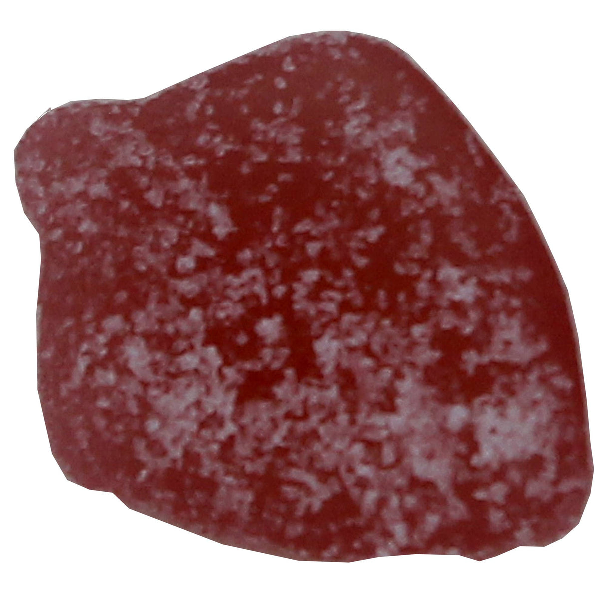 A close-up of Kolsvart Piggvar Sour Blueberry Swedish Fish vegan gummy, red and irregularly shaped, coated with a layer of white powder.