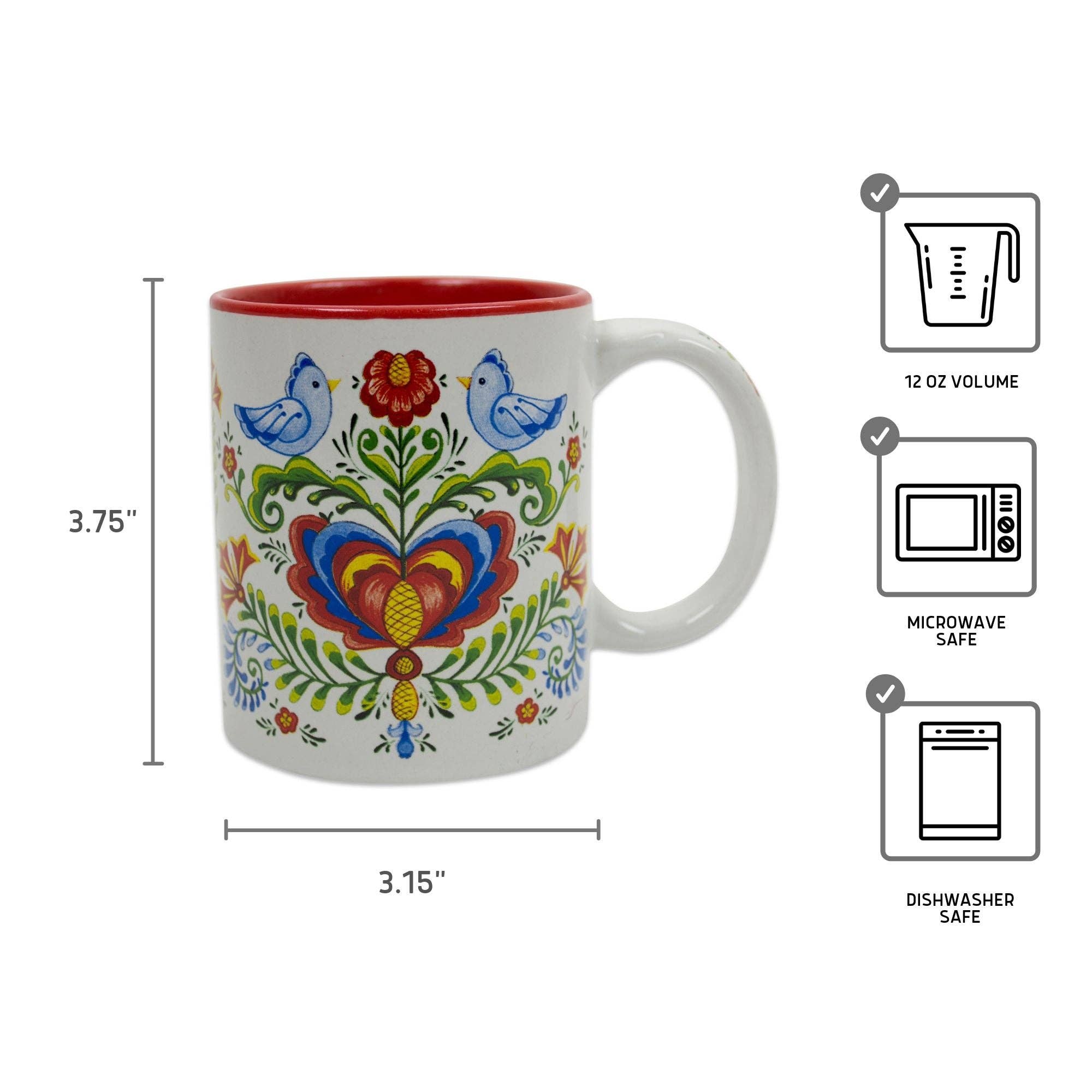 A white Mug: Rosemaling & Lovebirds Ceramic Coffee Mug with a charming red interior and Scandinavian-inspired red and blue design, 12 oz.