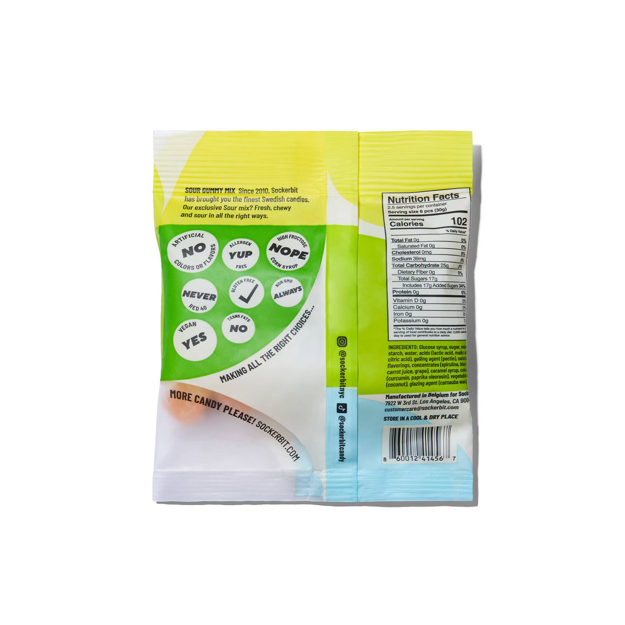 Back of Sockerbit Sour Gummy Mix Swedish Candy Bag 2.8oz features a light green and yellow design, YES/NOPE/YUP labels, nutrition facts, social media info, and Non-GMO highlights for making the right candy choices.