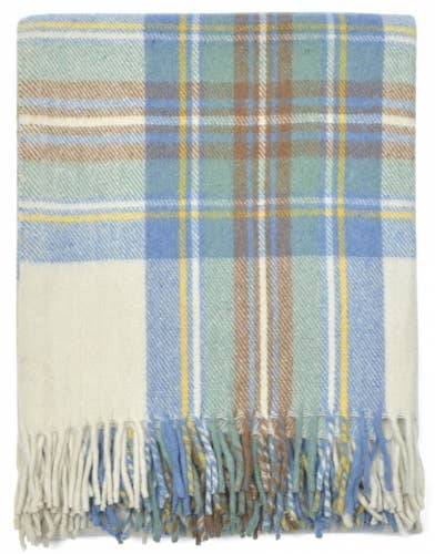 The Stewart Muted Blue Deluxe Highland Blanket is a folded plaid wool blanket with fringe, featuring blue, green, yellow, brown, and white stripes—a cozy layer for comfort and style.