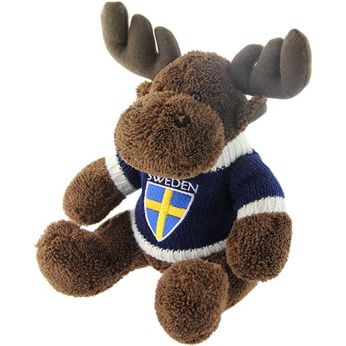 A Nordic Teddy Moose with a navy sweater featuring the Swedish flag is crafted from soft, brown teddy plush.