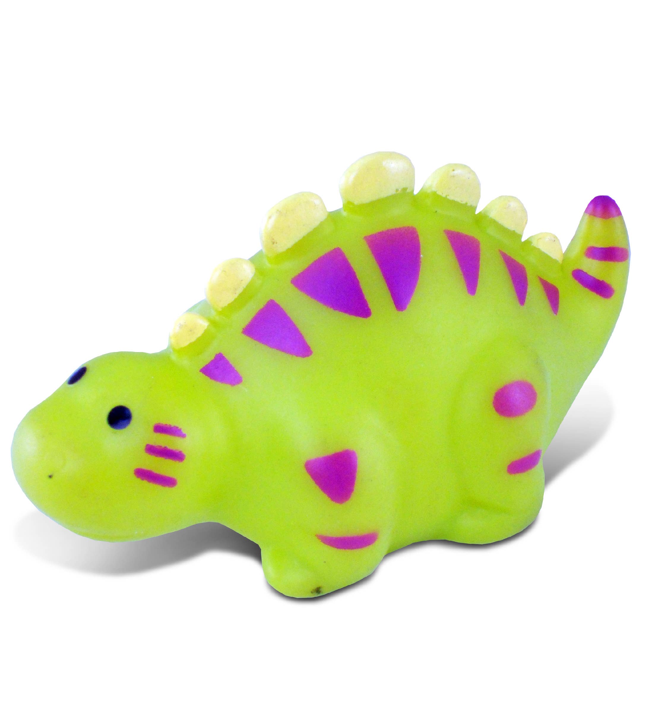 The Bath Toy: Stegosaurus Bath Water Squirter is a small green rubber dinosaur with purple markings and yellow spikes, perfect for fun, water-filled playtime.