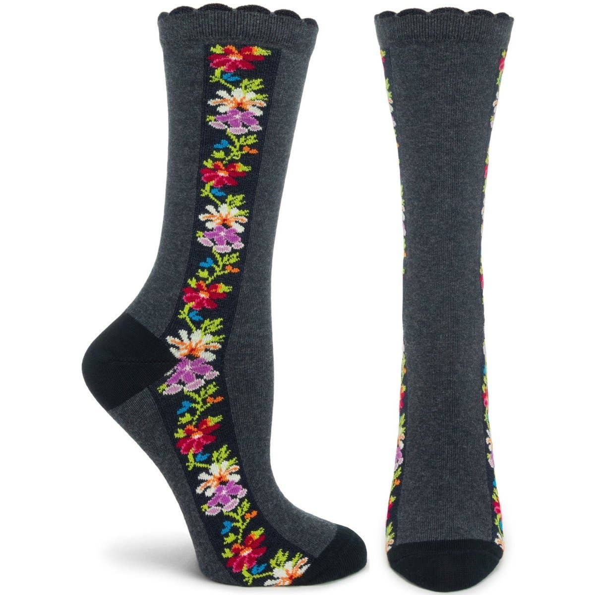 Two heather charcoal Ozone Womens Nordic Stripe Crew Socks with black heels and toes, featuring a vibrant stripe of colorful flowers—an elegant twist on the classic crew style.