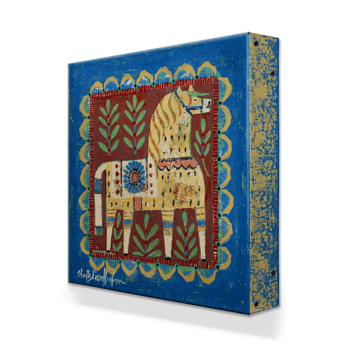 Wall Decor: Cream Dala Horse - Metal Box Art is a vibrant 18" x 18" aluminum box featuring a stylized Swedish Dala horse with decorative patterns on a blue-bordered square, inspired by Shelle Lindholm. Perfect for fans of unique wall decor.