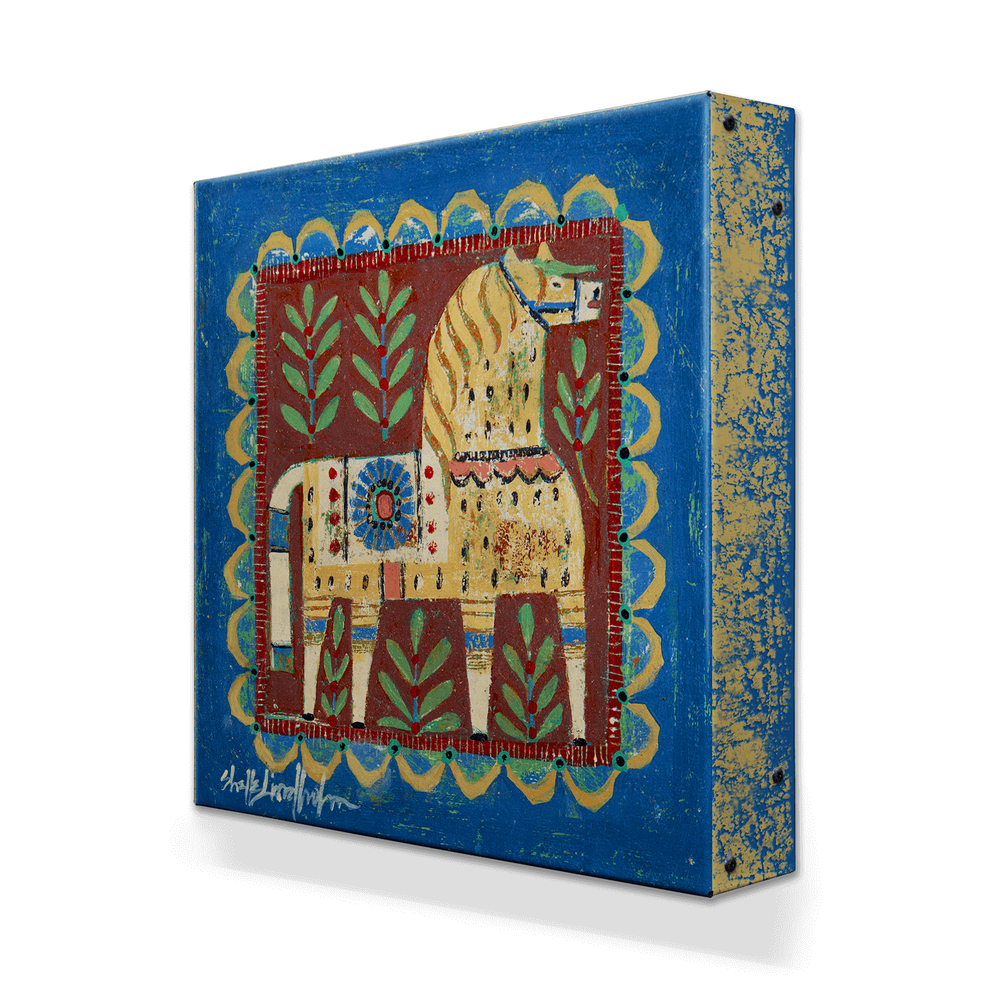Wall Decor: Cream Dala Horse - Metal Box Art is a vibrant 18" x 18" aluminum box featuring a stylized Swedish Dala horse with decorative patterns on a blue-bordered square, inspired by Shelle Lindholm. Perfect for fans of unique wall decor.