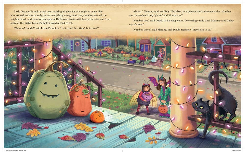 Two children in Halloween costumes and a black cat stand on a porch with lights and pumpkins, surrounded by autumn leaves—a heartwarming scene inspired by "Little Orange Pumpkin" by Erin Guendelsberger.