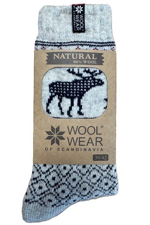 Gray wool sock featuring Nordic patterns and dark reindeer, labeled “Wool Wear of Scandinavia,” 80% wool, size 39/42, displayed in cardboard packaging.
