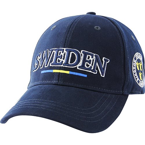 The Navy Sweden Cap features SWEDEN and a small Swedish flag embroidered on the front, along with an emblem on the side, capturing the essence of Scandinavian clothing.