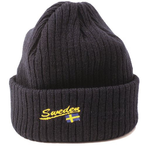 Sweden Navy Ribbed Beanie with beautifully embroidered Sweden and a small Swedish flag on the front.