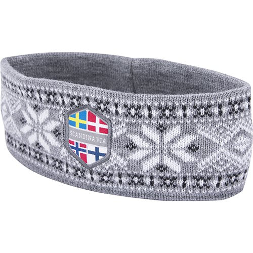 A gray headband from Frost Scandinavian Clothing, featuring a knitted Nordic star pattern and Scandinavian designs, along with a patch displaying Nordic flags and the word "Scandinavia.