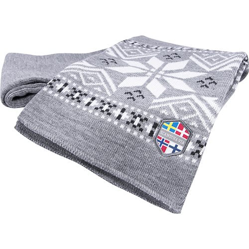 The Scandinavia Gray Headband from Frost Scandinavian Clothing showcases a gray design adorned with a white Nordic star pattern and complemented by a small patch displaying several flags.