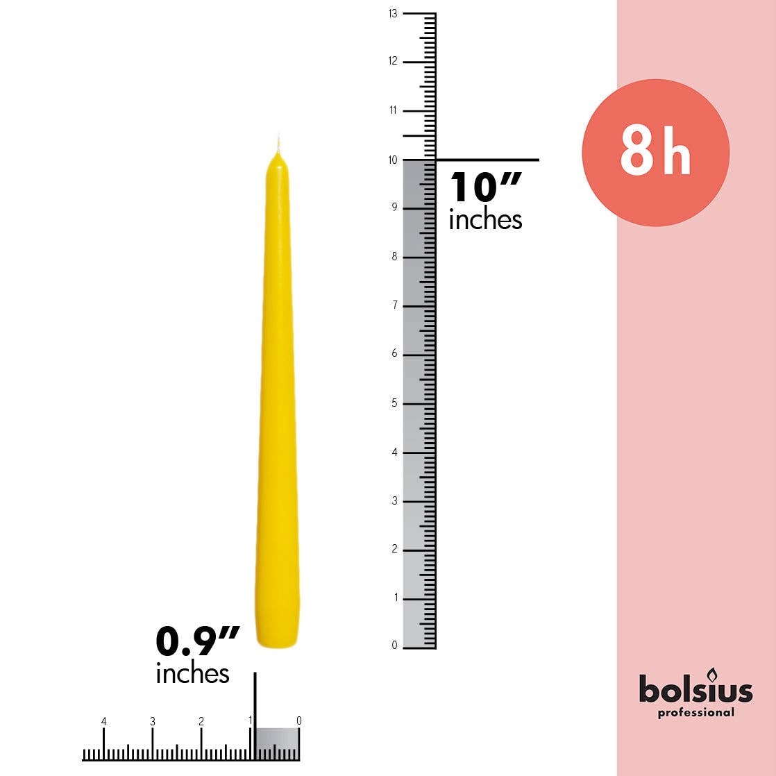 Bolsius Professional offers 10-inch unscented, dripless taper candles with a 0.9-inch diameter and an 8-hour burn time. This 4-pack includes ruler for scale, combining elegance and quality for any occasion.