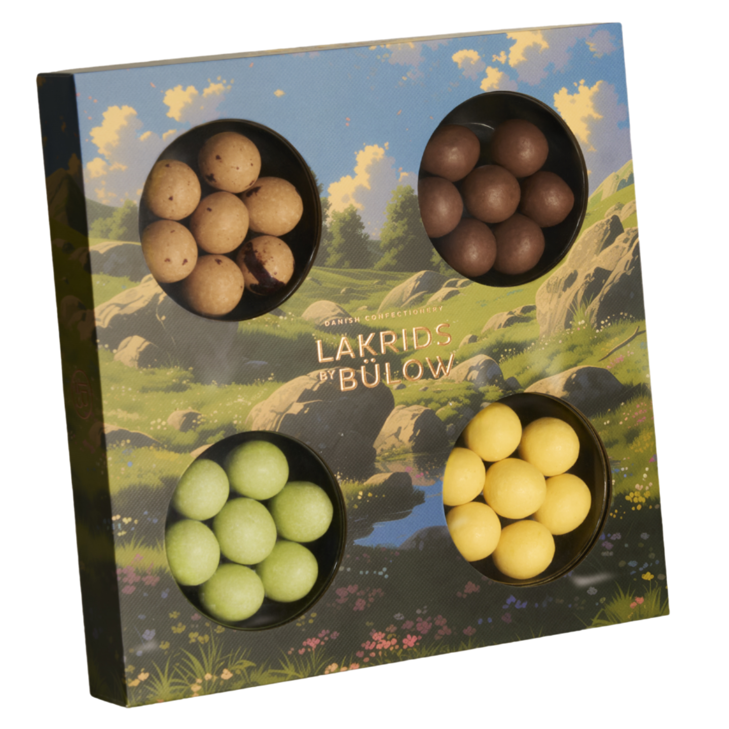 The Lakrids by Bülow SPRING 4-Flavor Gift Box (6.2 oz) presents Danish chocolate-coated licorice in four colorful varieties, each in its own compartment, within a square box featuring a scenic illustrated landscape.