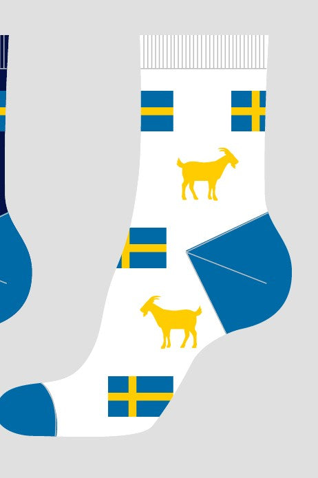 These expertly crafted womens socks, size 37-40, feature a charming design with yellow goats and blue/yellow Scandinavian flags. Accents in vibrant blue on the toe, heel, and cuff highlight the Swedish Flag theme. Made with care in Estonia.