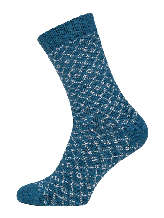 A single teal wool sock featuring a diamond pattern, sustainably crafted for sizes 39-42, is showcased against a plain white background.