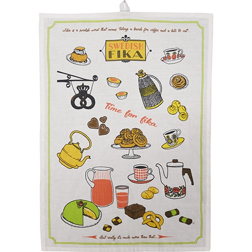 The Tea Towel: Swedish Fika Patterned Tea Towel features a charming Bakery and Coffee design with icons like coffee pots, teapots, cups, cinnamon rolls, biscuits, and phrases Swedish Fika and Time for Fika.