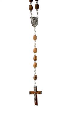 Rosary: Olive Wood Rosary with Crucifix from the Holy Land, made in Bethlehem, Israel, featuring wooden beads and a metal crucifix, displayed on a white background.