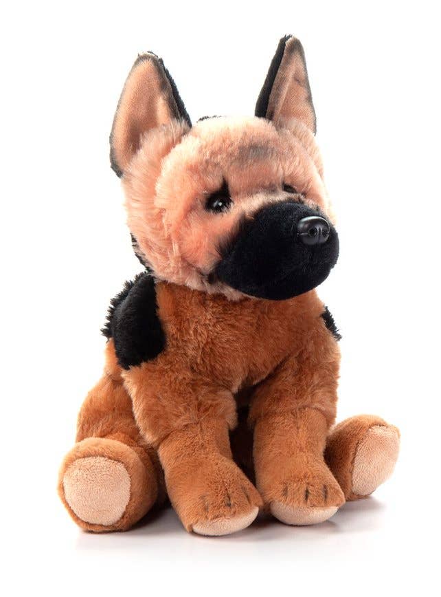 The Plush: German Shepard Dog 12 Tall Stuffed Animal sits upright against a white background, making a perfect gift for any animal lover.