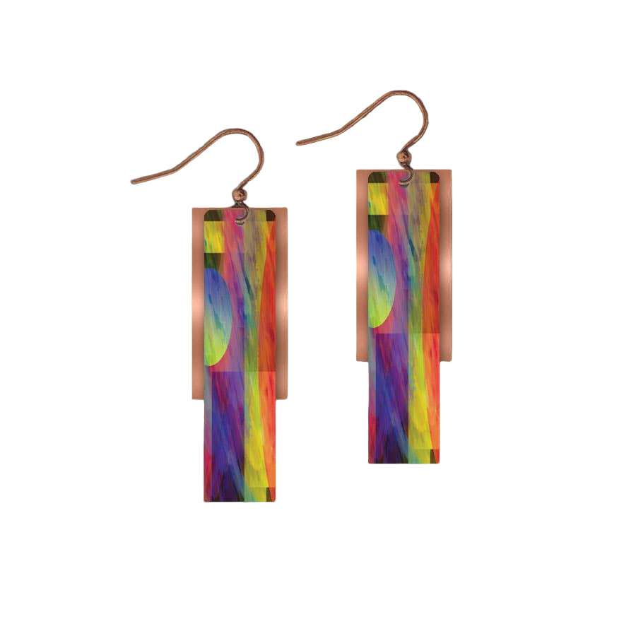 The Earrings: Multicolor Copper Accent Multilayer Earrings feature handcrafted copper hooks and rectangular pendants with a vibrant abstract pattern and gradient background.