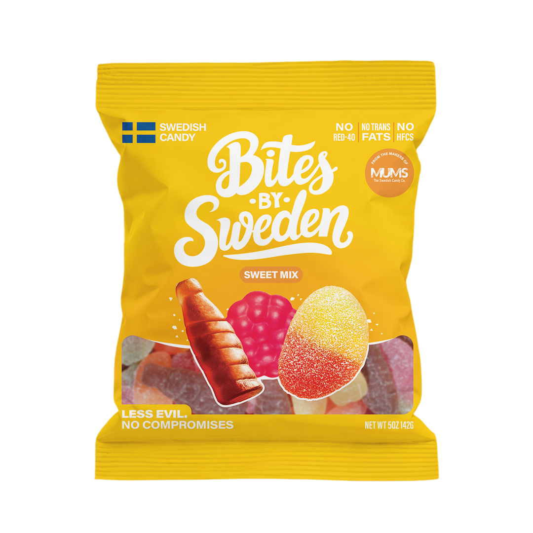 Yellow bag containing assorted Swedish candy gummies, with images of a jelly candy and a curled gummy sweet on the front.