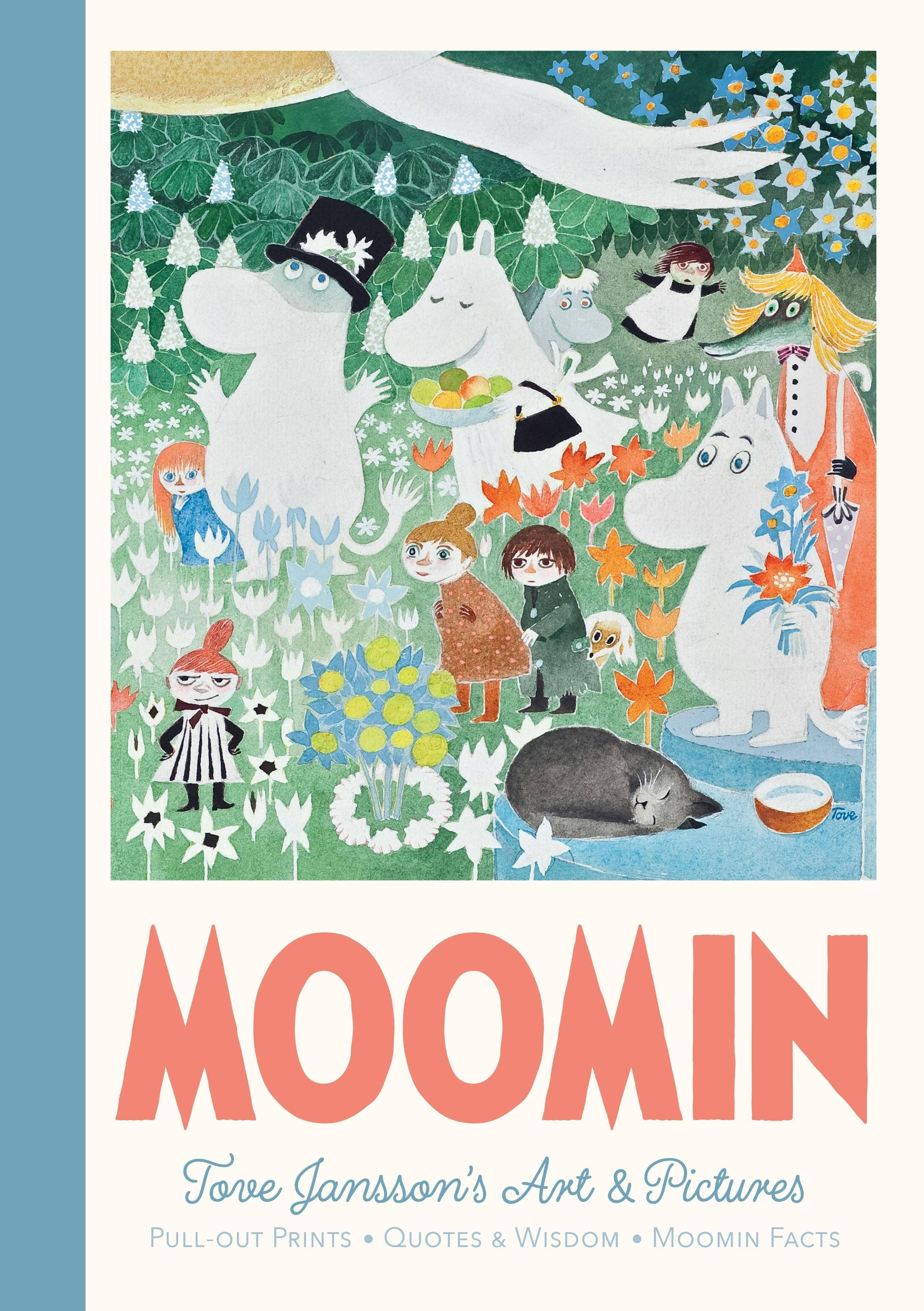 Colorful illustration of Moomin characters among flowers, with a large pale hand above; text below reads Book: Moomin Pull-Out Prints: Tove Janssons Art & Pictures—a perfect gift featuring iconic Tove Jansson art.