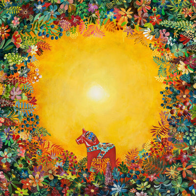 “Light of Grytnäs” by Swedish artist Nadja Wedin features a red Dala horse among vibrant flowers, illuminated by a bright yellow center and surrounded by intricate floral patterns.