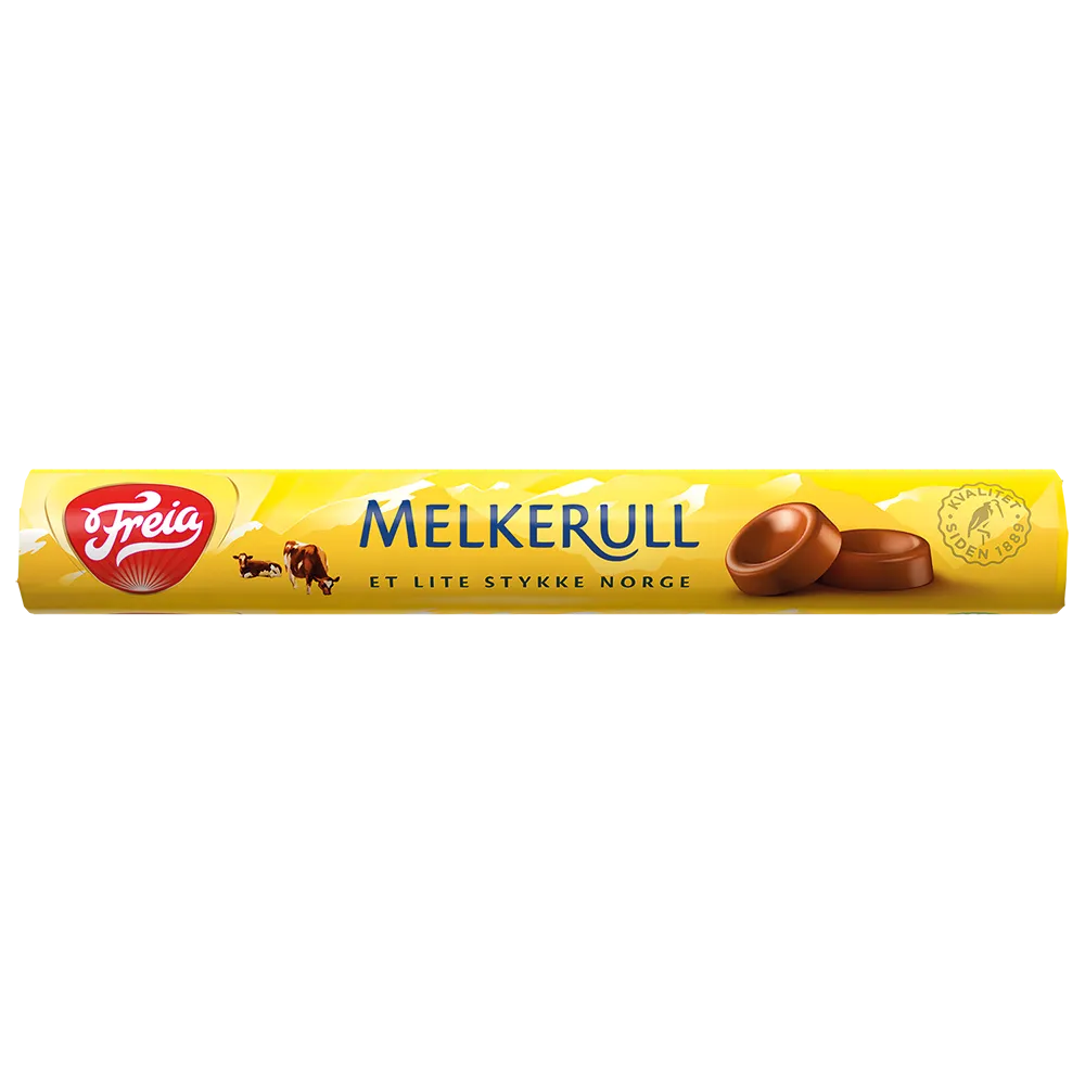 Yellow Freia Melkerull package with images of chocolate pieces, cows, and the Norwegian phrase “Et Lite Stykke Norge” on the front.
