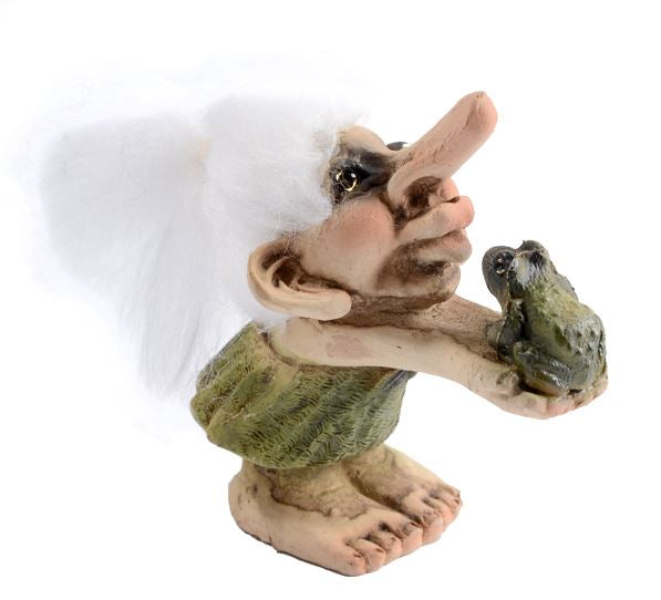 The NyForm Girl Troll Kissing Frog figurine is a delightful collectors item featuring white hair and a green frog. Crafted with Norwegian design, it stands out beautifully against the clean white background.
