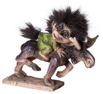 A whimsical Nyform Troll figurine, 4.5" tall, featuring a troll jockey on mooseback with a Norwegian flag on his back—a charming collector's item for fans of Norwegian trolls.