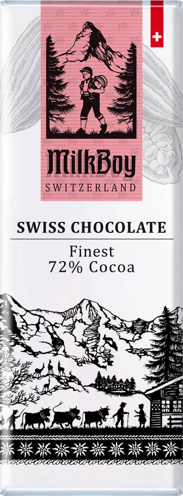 MilkBoy Finest 72% Cocoa Snack Size Bars 1.4oz wrapper features a mountain scene, hiker, farm animals, trees, and text emphasizing 72% cocoa dark chocolate and authentic Swiss origin.