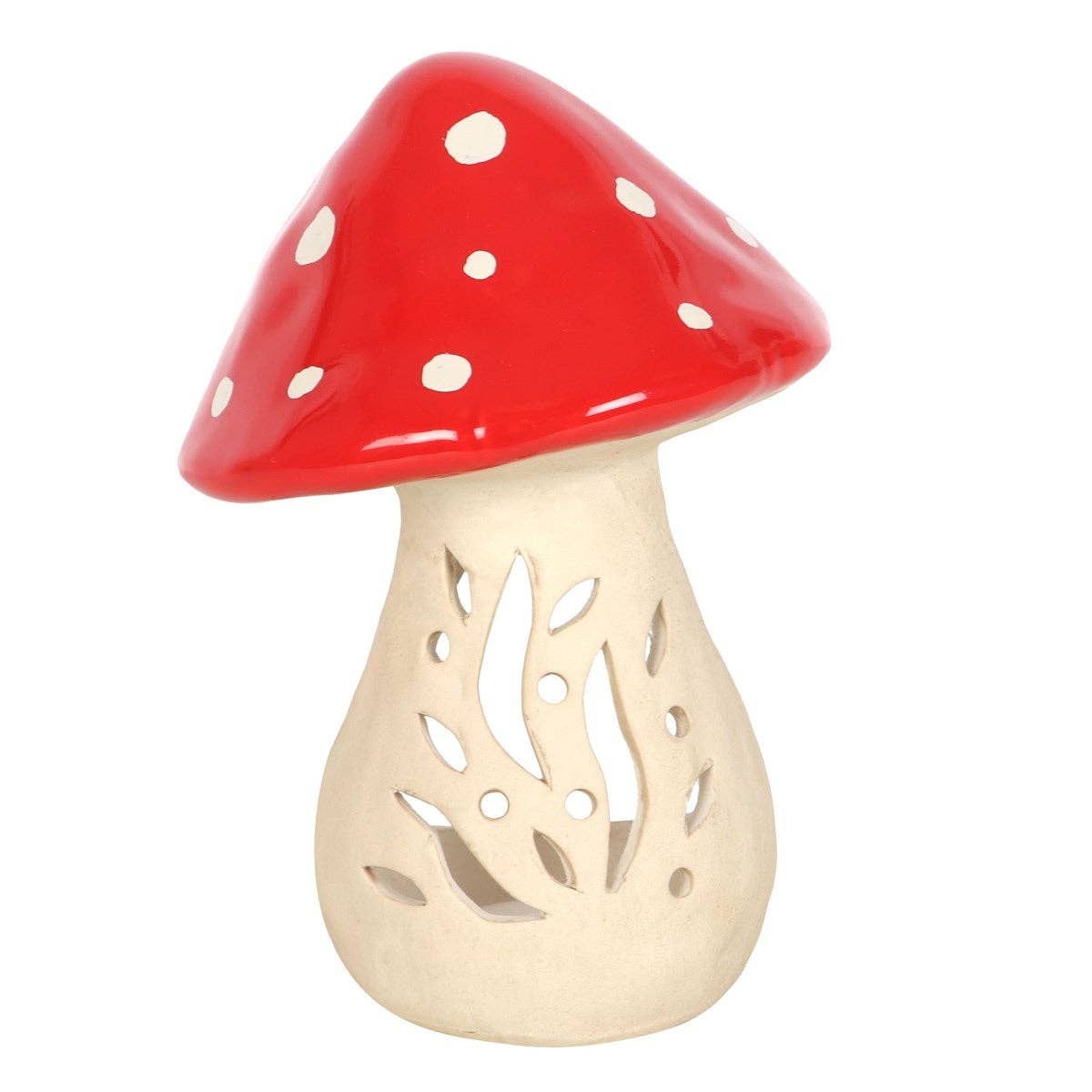 The Ceramic 6 Tall Mushroom Tealight Candle Holder features a charming red cap with white spots and a beige stem adorned with decorative cut-out patterns, making it a delightful addition to any cottagecore decor.