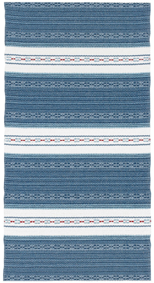 The Astor Blue rug, featuring blue and white stripes complemented by red accents and intricate patterns, provides a maintenance-free, durable design made from Swedish vinyl.