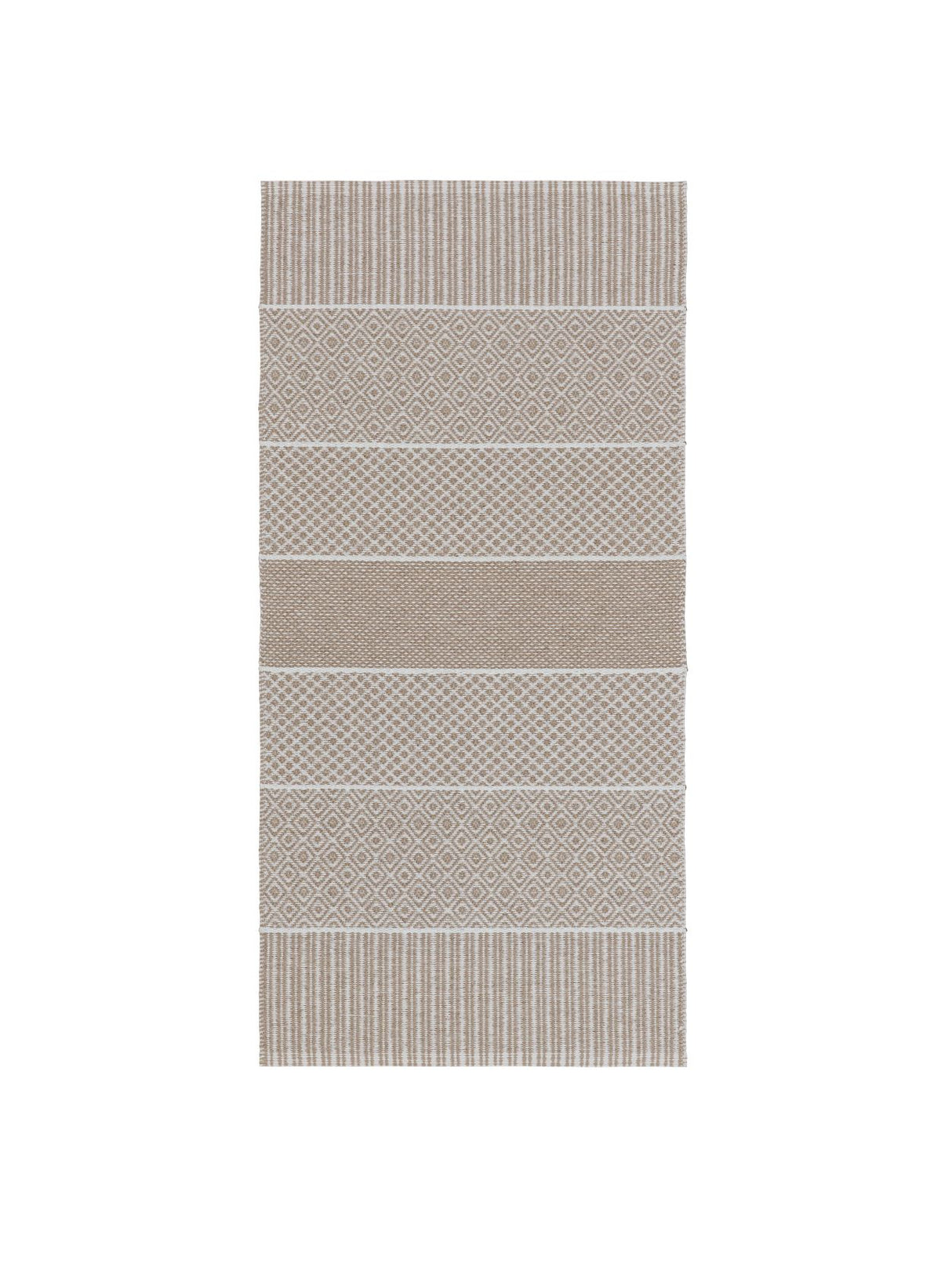 The Horredsmattan - Alfie - Sand rug is a rectangular Swedish vinyl piece in beige and white, featuring alternating geometric stripes and solid textures. Made from eco-friendly PVC, it offers a stylish and sustainable choice.