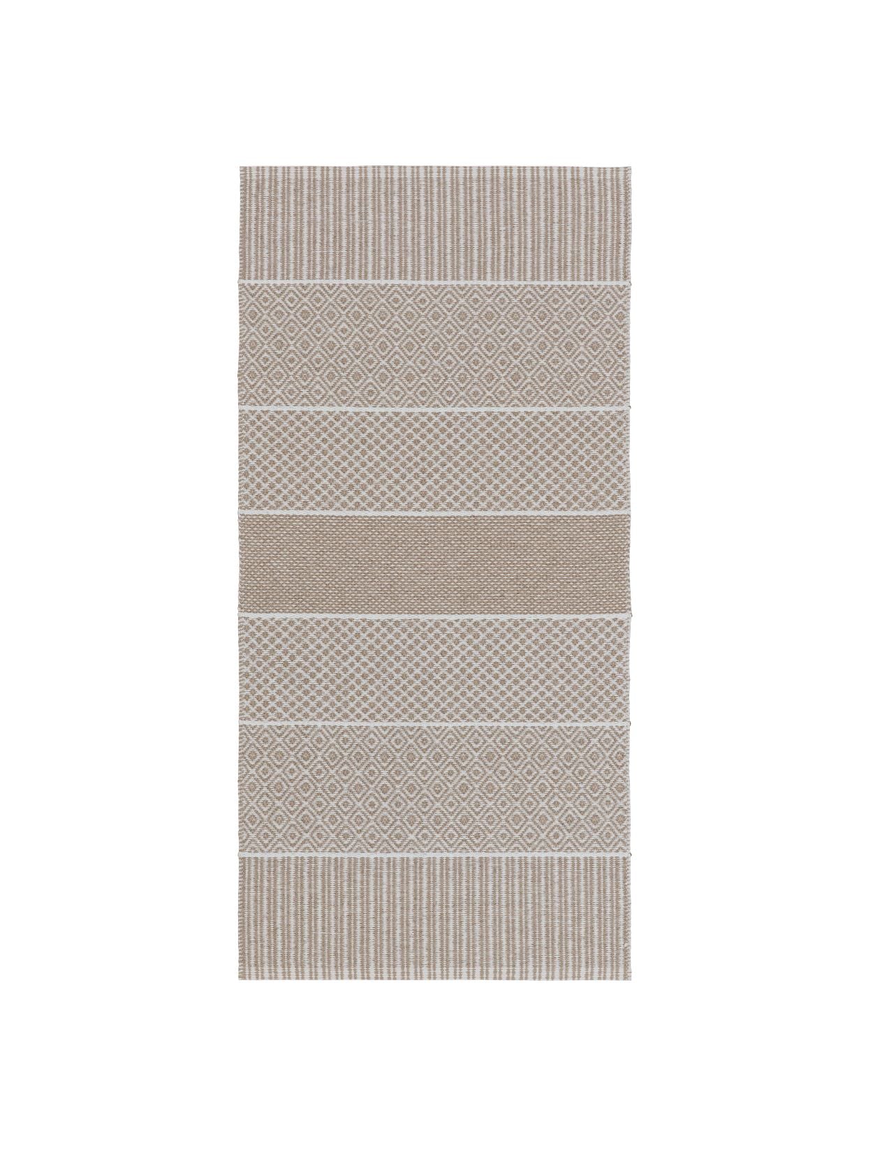The Horredsmattan - Alfie - Sand rug is a rectangular Swedish vinyl piece in beige and white, featuring alternating geometric stripes and solid textures. Made from eco-friendly PVC, it offers a stylish and sustainable choice.