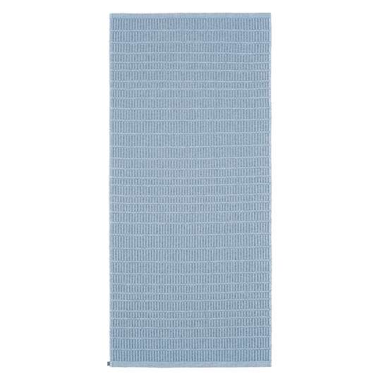 A Swedish-inspired blue rectangular yoga mat, crafted from a durable cotton/vinyl blend with a subtle textured pattern, is the Cotton/Vinyl Rug: Horredsmattan - Plastic Mai Blue 70x150cm.