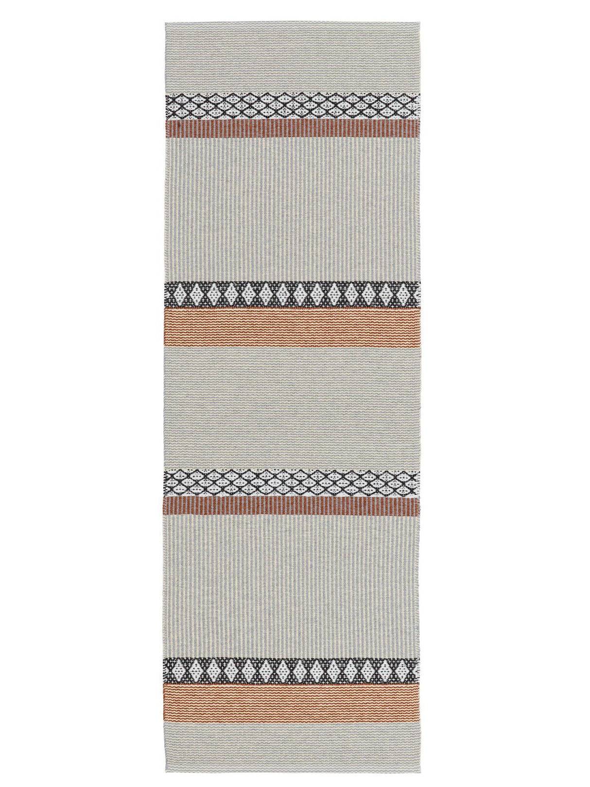 The Savanne Light Grey Vinyl rug showcases a rectangular design with geometric patterns, highlighted by rust orange and black lines on a light grey background. Made by Horredsmattan, this Swedish vinyl rug is crafted for durability, providing both style and resilience to any space.