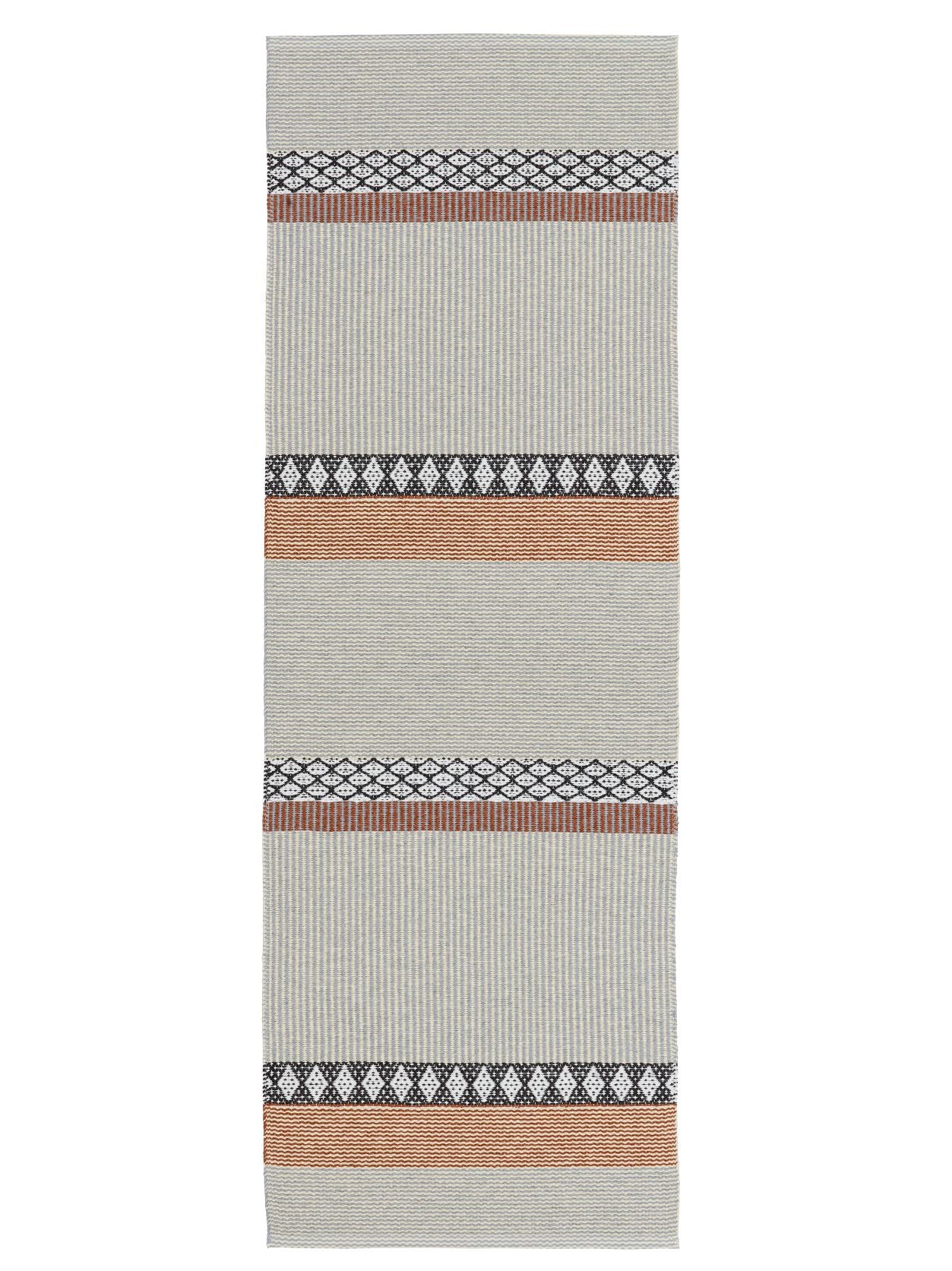 The Savanne Light Grey Vinyl rug showcases a rectangular design with geometric patterns, highlighted by rust orange and black lines on a light grey background. Made by Horredsmattan, this Swedish vinyl rug is crafted for durability, providing both style and resilience to any space.