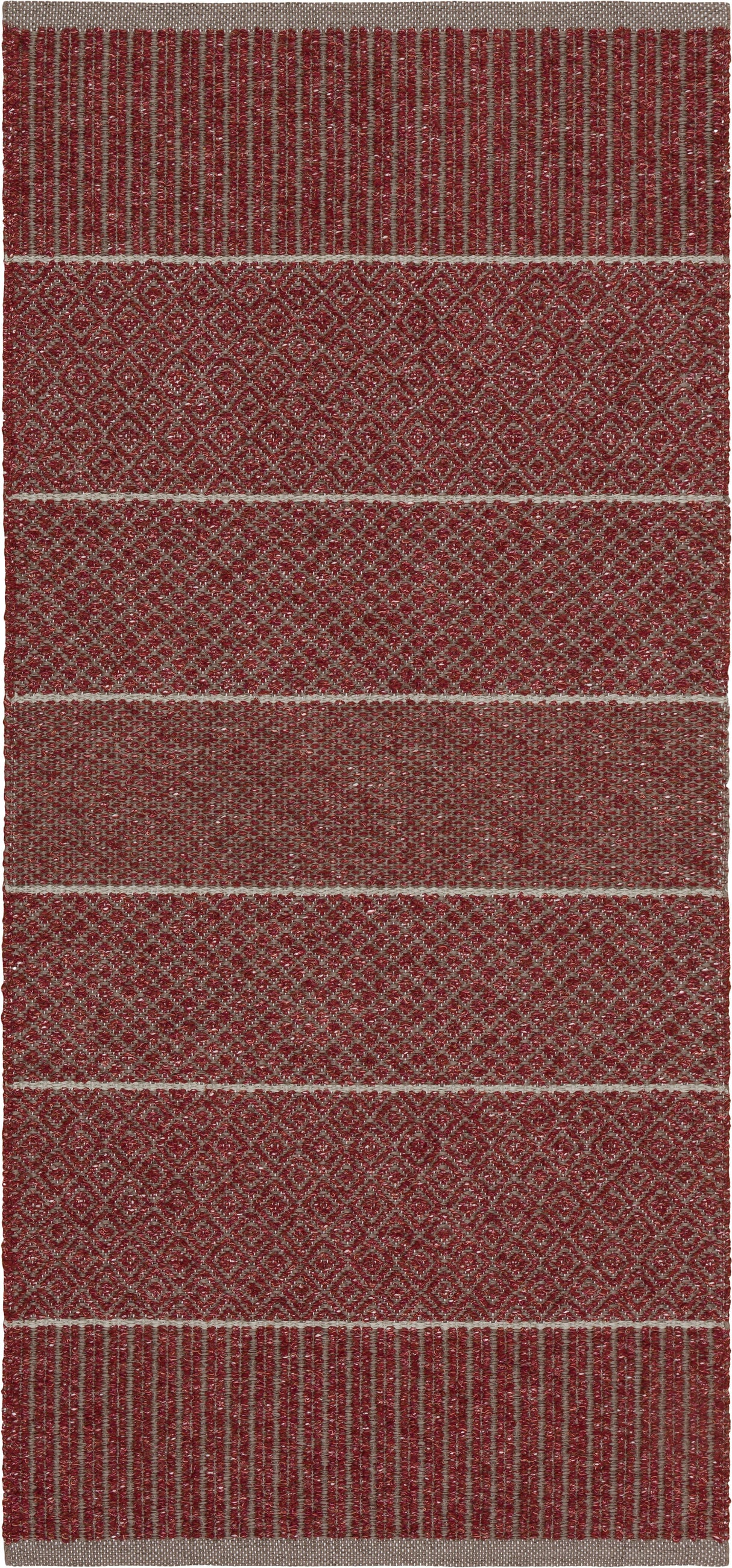 Swedish vinyl woven rug in burgundy, featuring alternating patterned stripes, ideal for indoor and outdoor use with easy-care cleaning.