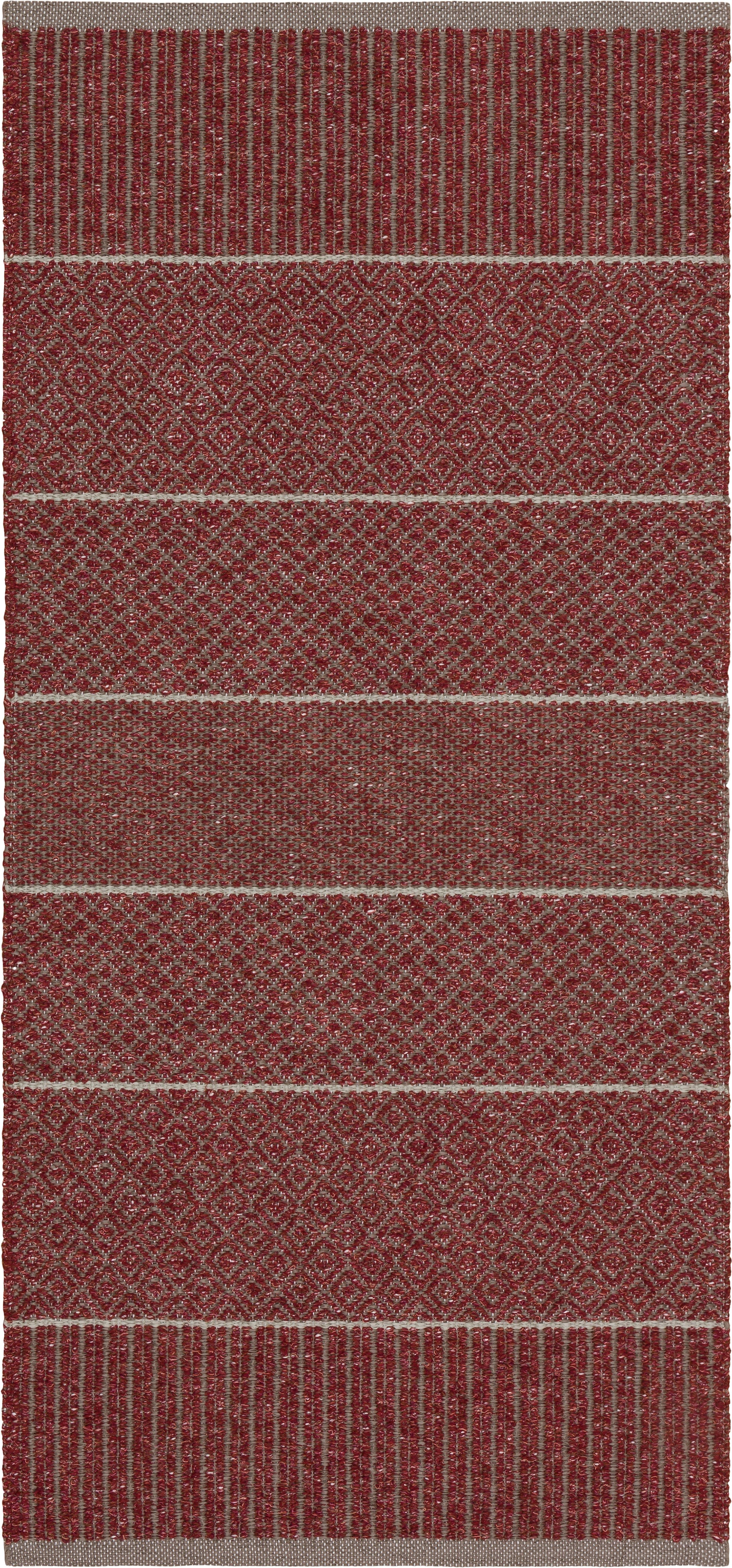 Swedish vinyl woven rug in burgundy, featuring alternating patterned stripes, ideal for indoor and outdoor use with easy-care cleaning.