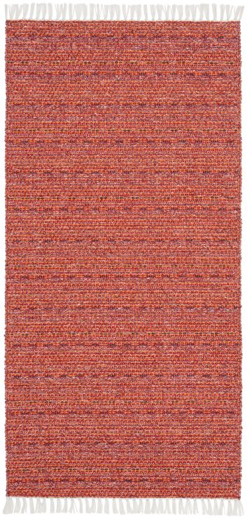 The Cotton/Vinyl Rug: Horredsmattan - Svea - Red is a rectangular woven indoor rug with a textured pattern and white fringes on both ends, seamlessly blending traditional Swedish vinyl rug essence with modern durability.