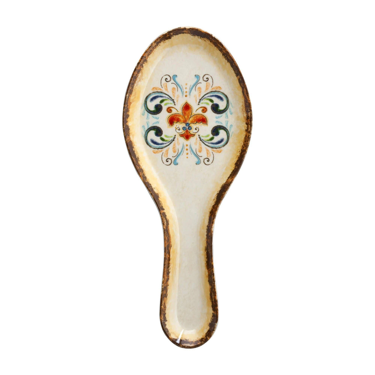 Melamine spoon rest with a brown rustic edge and central folk art floral pattern on a white background.