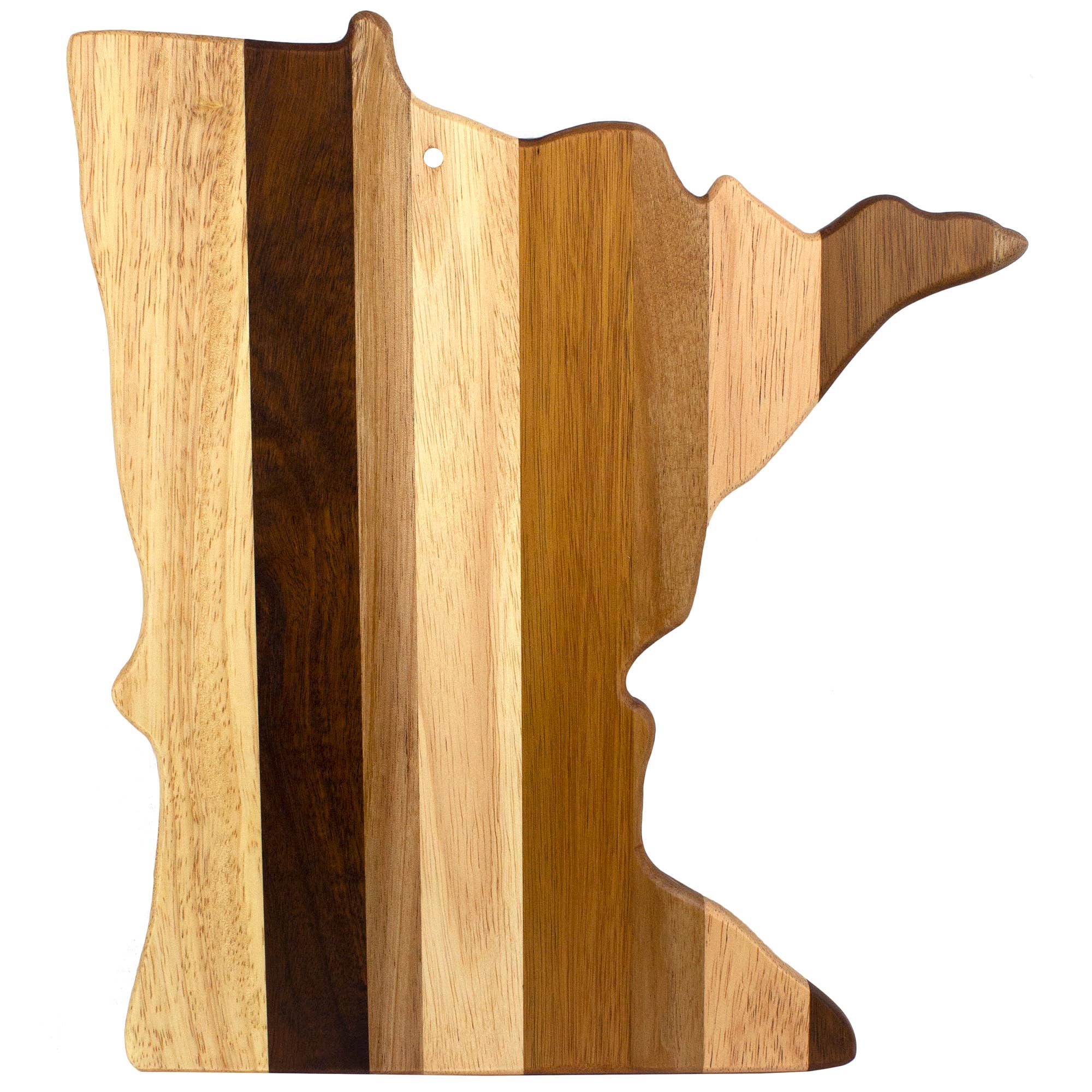 The Serving Board: Minnesota Shiplap Series Serving Board showcases alternating light and dark wood stripes in the shape of Minnesota—ideal for wall decor or as a unique addition to your kitchen.