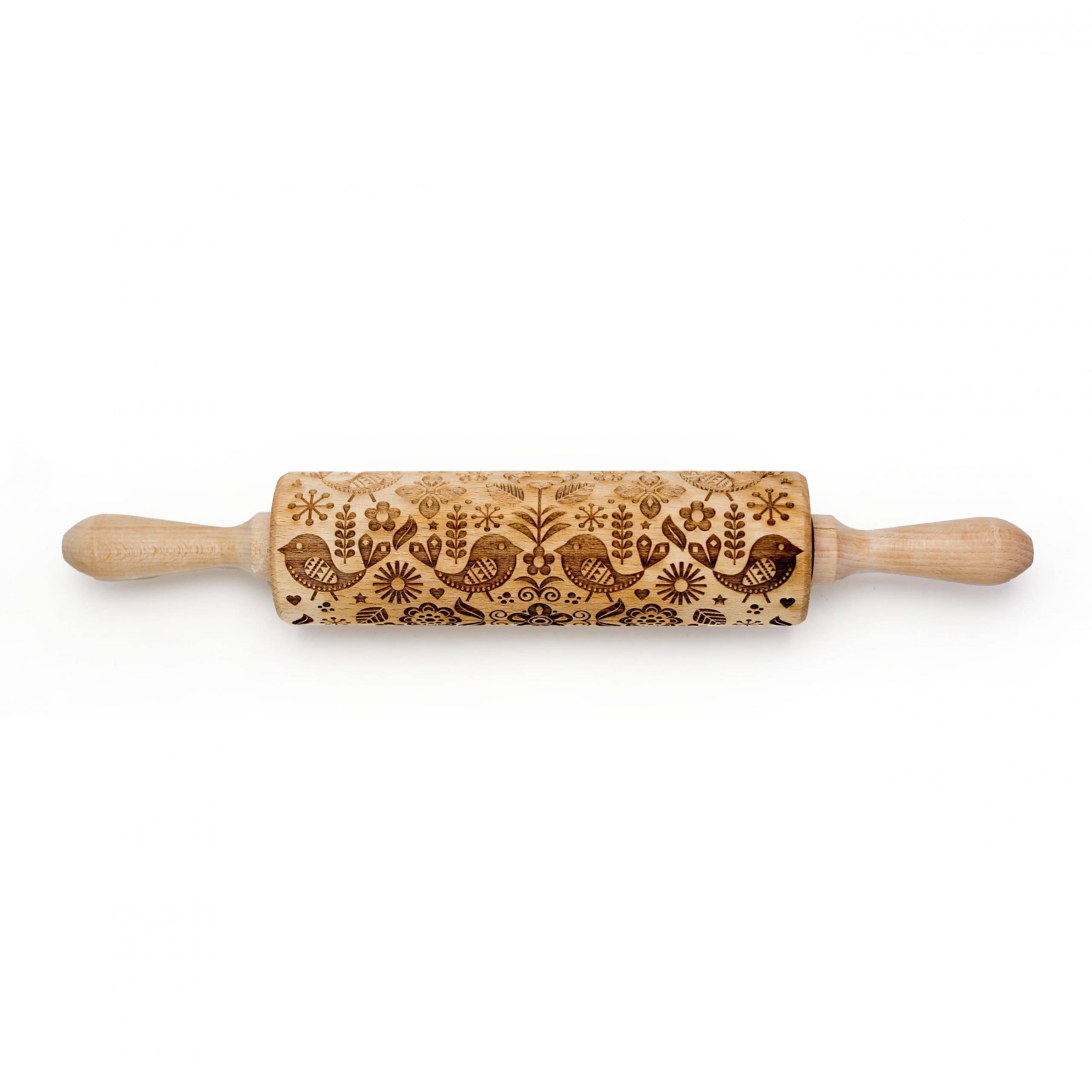 The Birds & Flowers Embossing Rolling Pin, featuring intricate floral and avian engravings on a wooden surface, makes for exquisite handmade gifts and exemplifies elegant Scandinavian design.