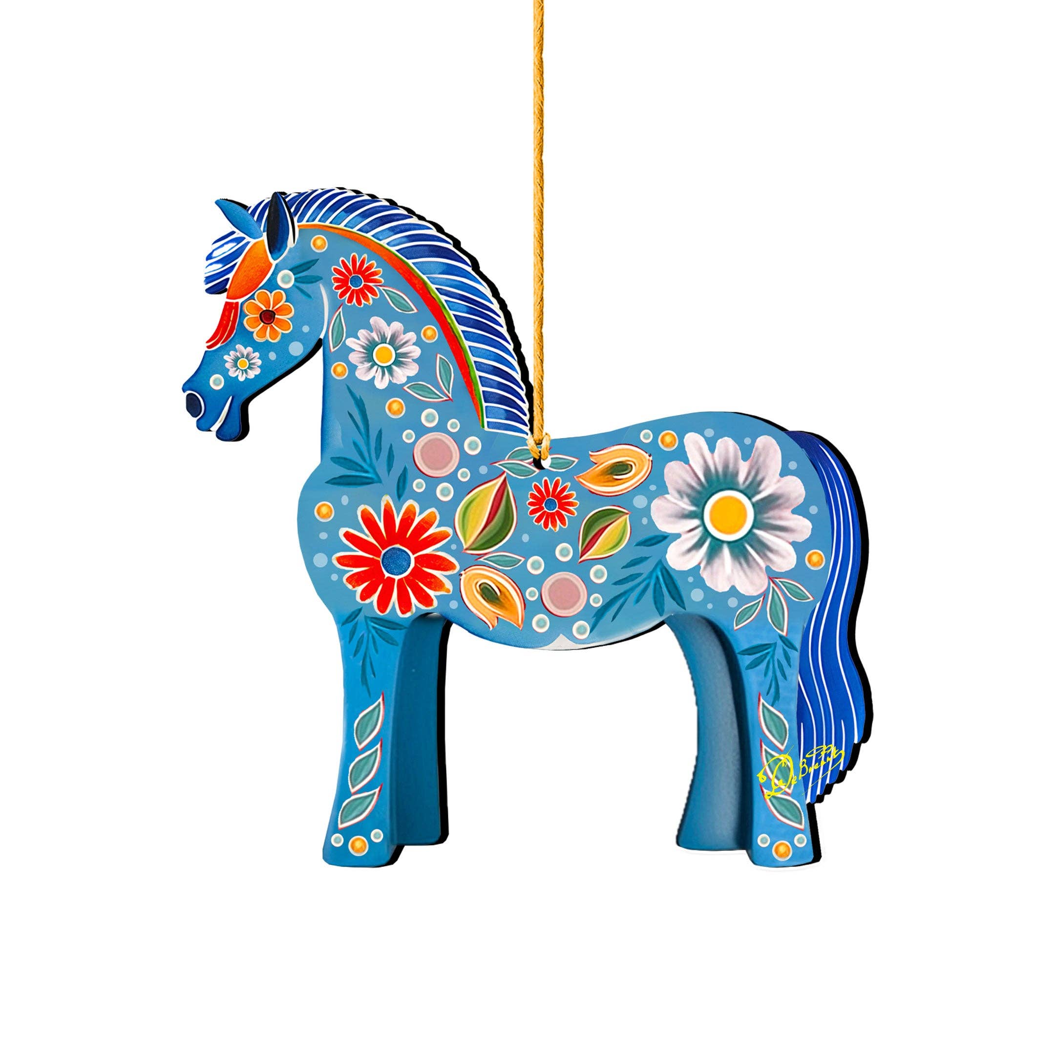 A Danish Horse Decorative Wood Christmas Tree Ornament by G Debrekht (5.5"x5") with colorful floral patterns and a yellow hanging string is displayed against a white background.