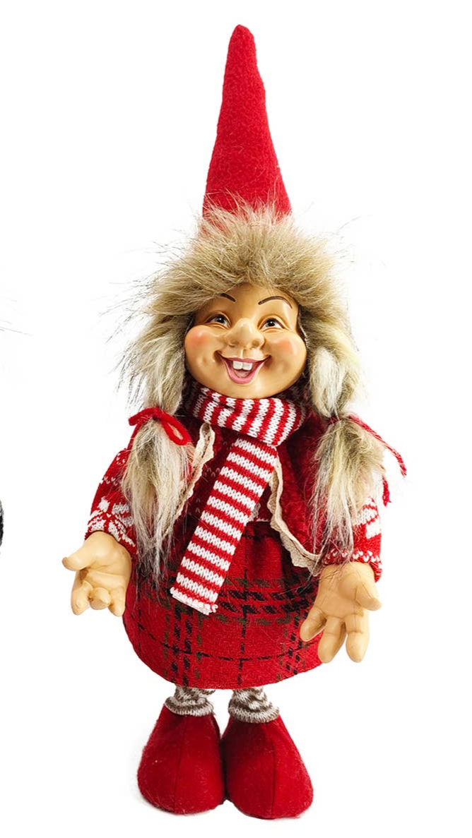 Standing against a white background, the 12" Troll: Truly the Troll Boy or Girl wears a red pointed hat, fur-trimmed hood, festive scarf, checkered outfit, and red shoes—a charming Scandinavian holiday figurine for your decor.