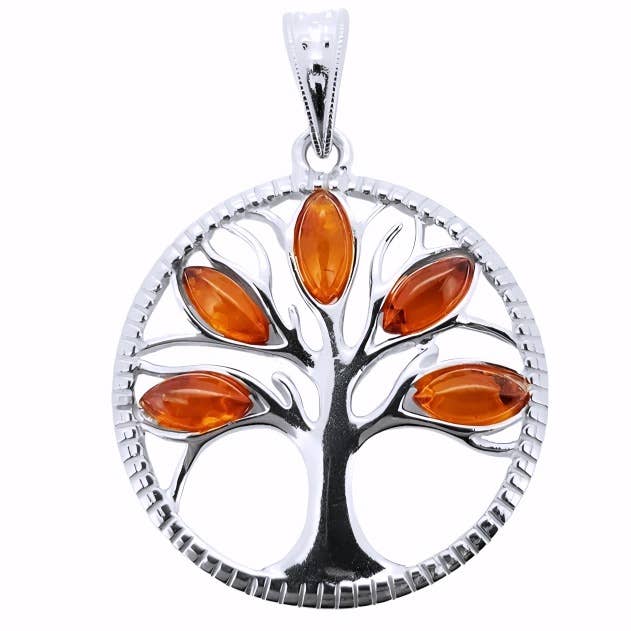 The Tree of Life Pendant features five marquise-shaped orange Baltic amber stones as leaves, set in a round sterling silver design.