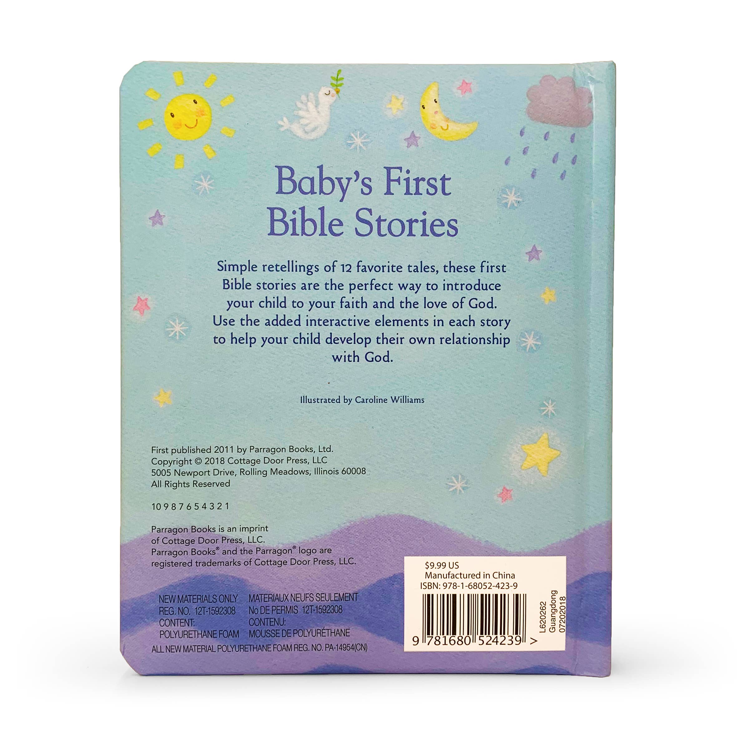 The back cover of Baby’s First Bible Stories Keepsake Board Book shows a pastel sky, sun, and clouds, plus a brief description of this charming board book’s gentle, engaging stories for little ones.