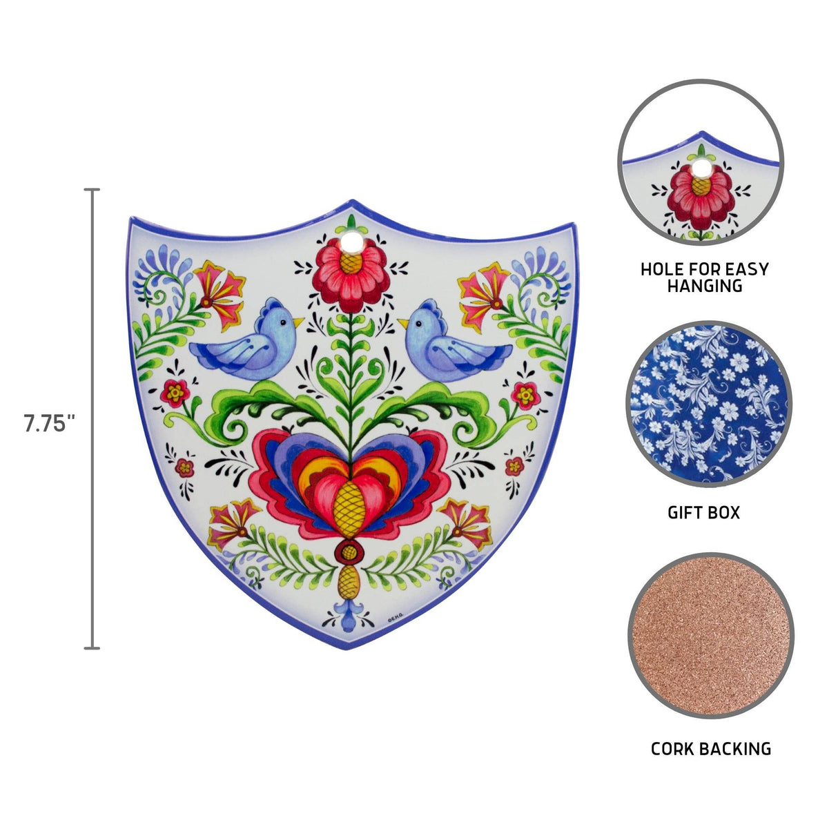 Tile: Lovebirds Folk Art Cork Backed Ceramic Shield – a 7.75" Nordic wall decor with colorful Scandinavian birds, cork backing, a hanging hole, and matching gift box. A unique Swedish novelty gift for any occasion.