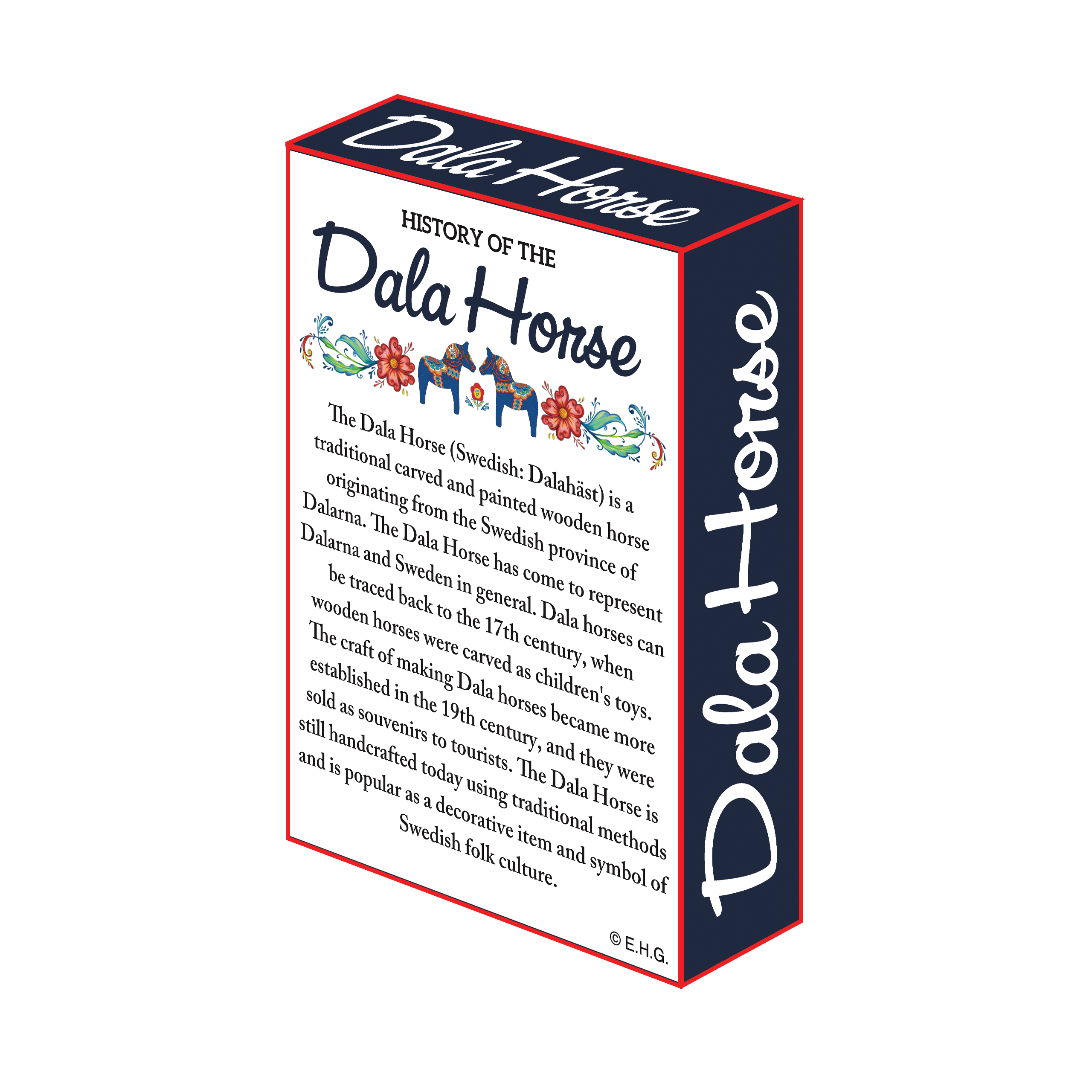 Box illustration features Dala Horse on the sides, exploring its history as a cherished 17th-century Swedish folk symbol. This deck of playing cards, named Playing Cards: Swedish Dala Horse with Scandinavian Design, captures its essence and intricate Scandinavian ice star patterns.